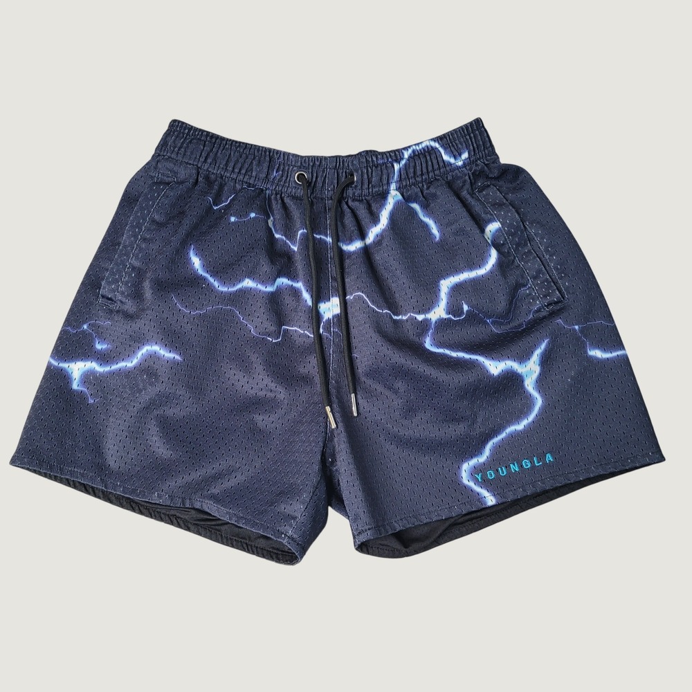 YoungLA 135 Lightning Mesh Shorts Mens Small Navy Blue Electric Gym Bodybuilding